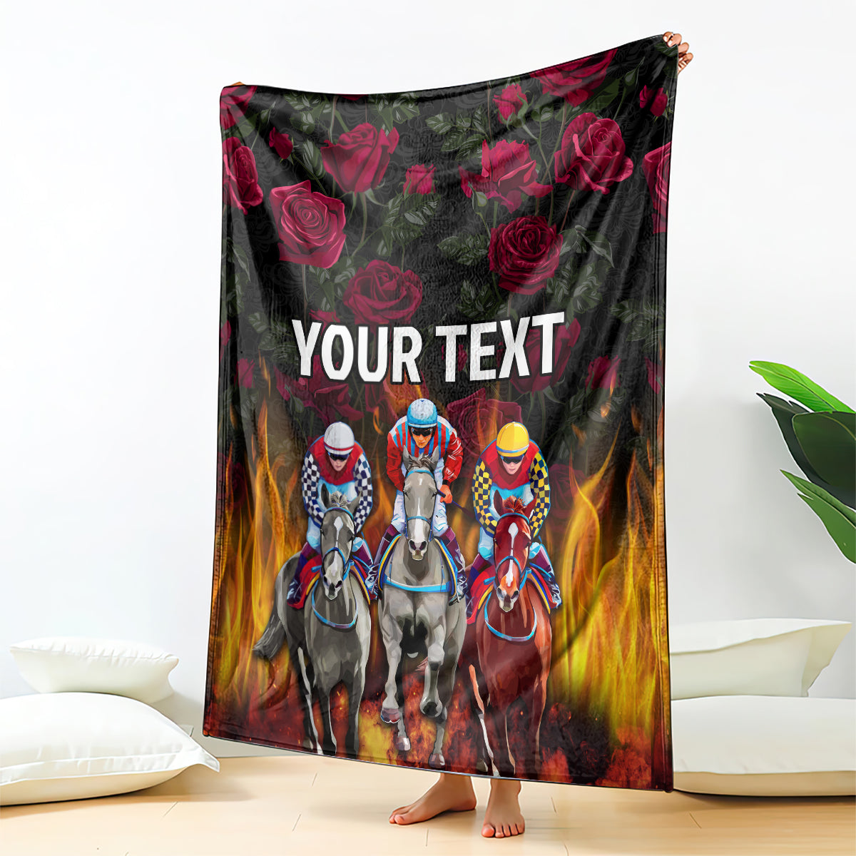 Personalized racing blanket with horse riders, roses & flames, 'YOUR TEXT' hanging