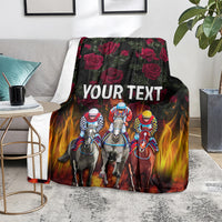 Personalized racing blanket with horse riders, roses & flames, 'YOUR TEXT' on chair