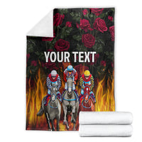 Personalized racing blanket with horse riders, roses & flames, 'YOUR TEXT', folded