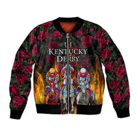 Black bomber jacket with rose print, Kentucky Derby text, and racing horses front graphic