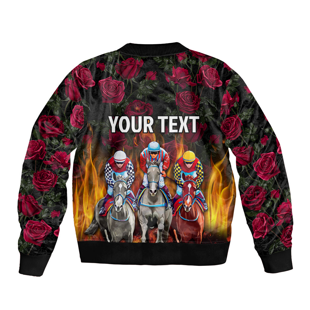 Black bomber jacket with rose print and racing horses graphic, YOUR TEXT center
