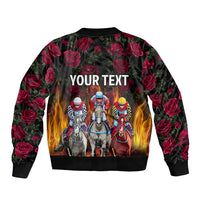 Black bomber jacket with rose print and racing horses graphic, YOUR TEXT center