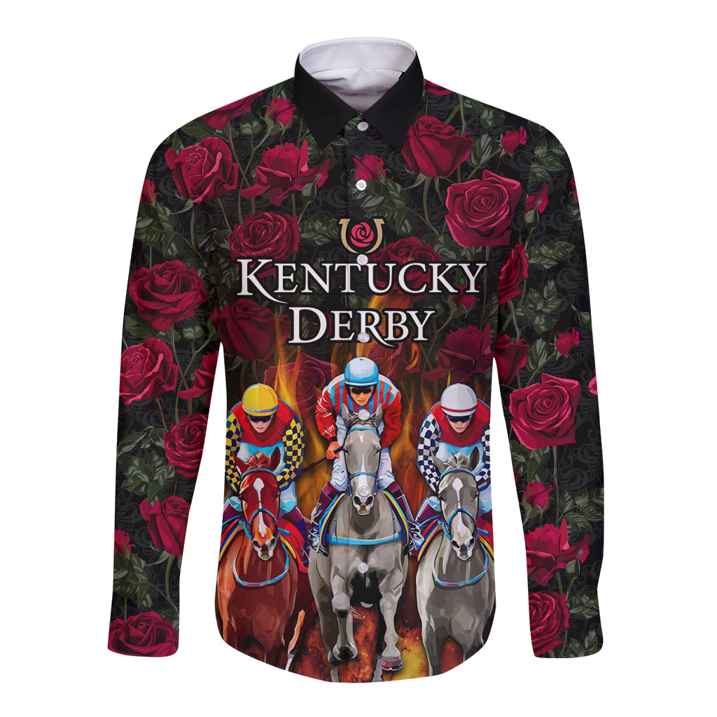 Black long-sleeve button shirt with rose print and Kentucky Derby text, horse racers