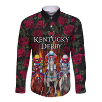 Black long-sleeve button shirt with rose print and Kentucky Derby text, horse racers