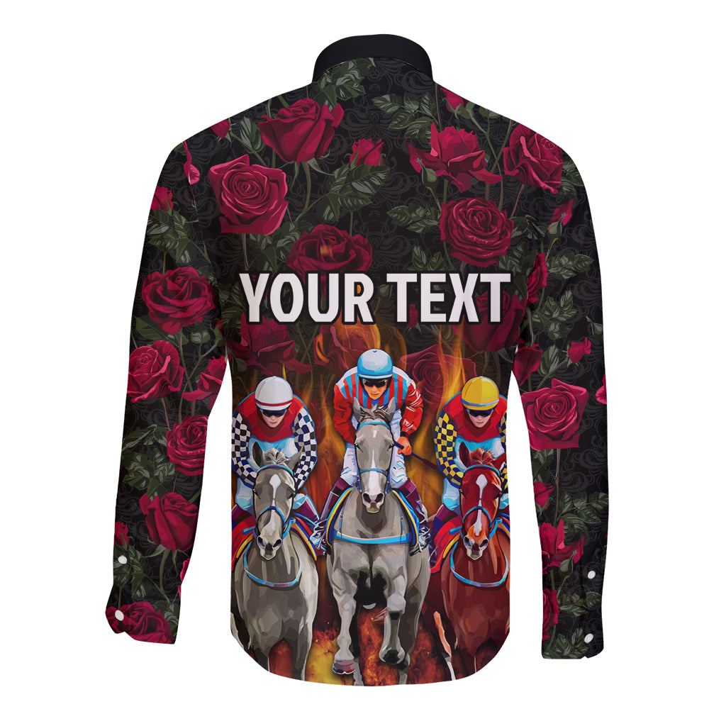 Black long-sleeve button shirt with rose print and YOUR TEXT, horse racing artwork