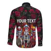 Black long-sleeve button shirt with rose print and YOUR TEXT, horse racing artwork