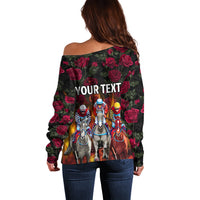 Women’s off-shoulder sweater in black with roses, horses, and bold "YOUR TEXT"