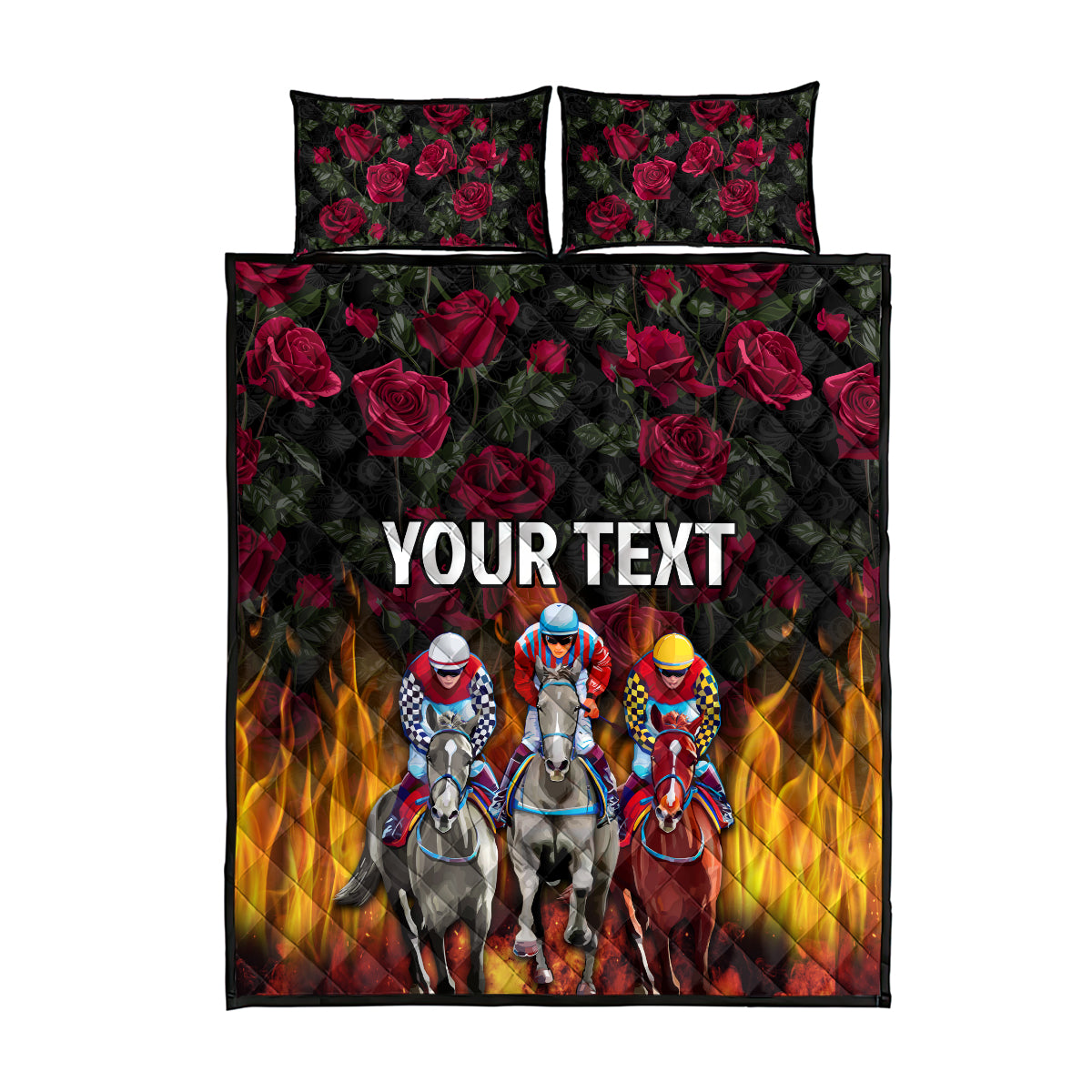 Personalized racing quilt bed set with roses, horses, and "YOUR TEXT" on dark fabric