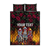 Personalized racing quilt bed set with roses, horses, and "YOUR TEXT" on dark fabric