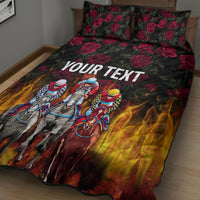 Personalized quilt bed set with roses and racing horses, "YOUR TEXT" centered on dark base