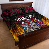 Personalized quilt bed set showing roses, racing horses, and "YOUR TEXT" on dark quilt