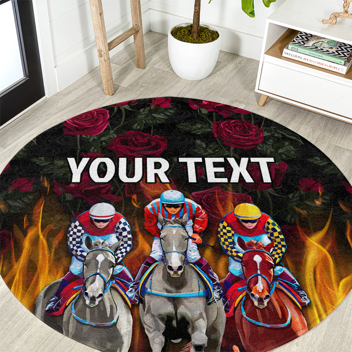 Black round racing carpet with horse racing design, roses and flames; custom “YOUR TEXT”.