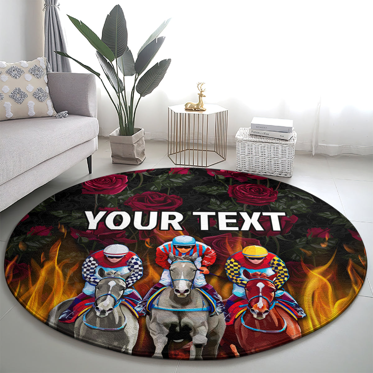 Black round racing carpet with horse riders, roses and flames; “YOUR TEXT” on top.