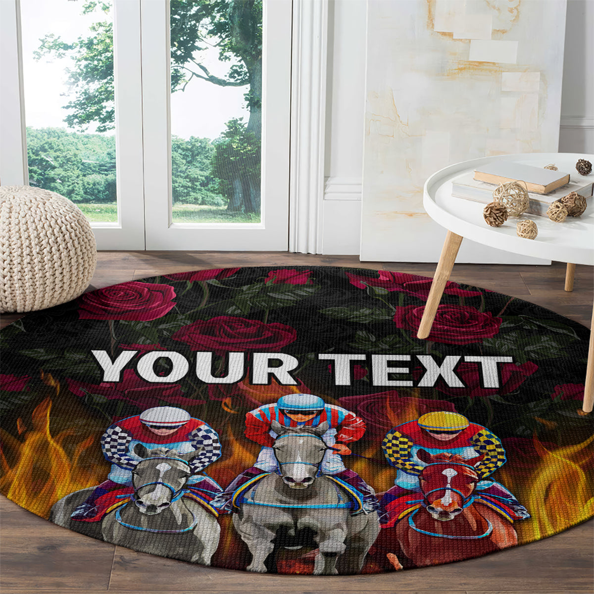 Black round racing carpet with horse riders, roses and flames; large “YOUR TEXT” across.