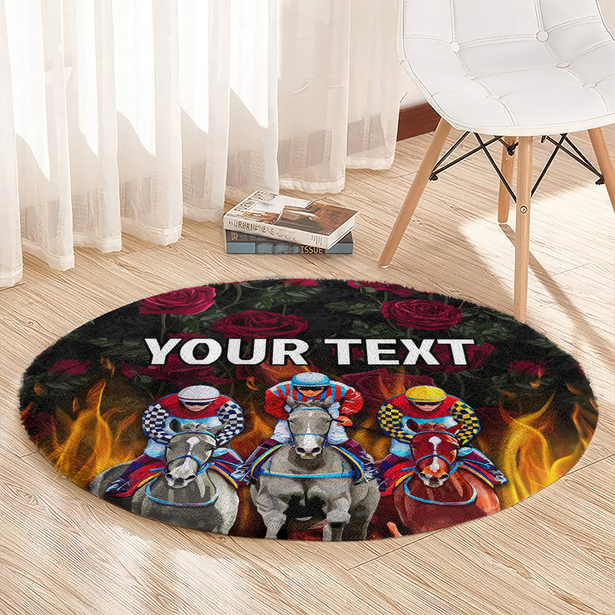 Black round racing carpet with horse riders, roses and flames; “YOUR TEXT” lettering visible.