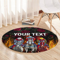 Black round racing carpet with horse riders, roses and flames; “YOUR TEXT” lettering visible.