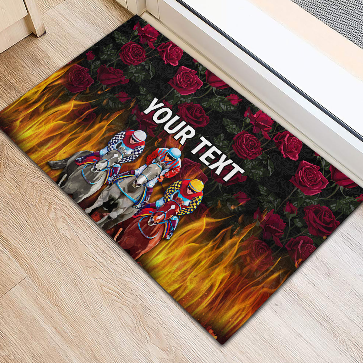 Black rubber race doormat showing jockey horses, red roses, flames and 'YOUR TEXT'.