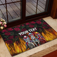 Black rubber race doormat with horses through red roses and flames, 'YOUR TEXT'.