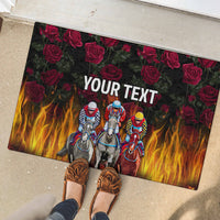 Black rubber race doormat with jockey horses, red roses, flames, and 'YOUR TEXT'.