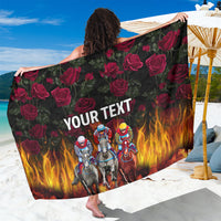 Black personalized sarong with rose print, flaming horses and bold 'YOUR TEXT' center