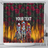 Shower curtain panel showing horse race riders, red roses, orange flames, and 'YOUR TEXT'