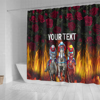 Shower curtain panel with three jockeys on horses, red rose pattern, flames, and 'YOUR TEXT'