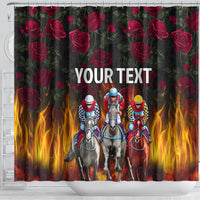 Shower curtain with red rose print, horse race trio, and centered 'YOUR TEXT' over flames