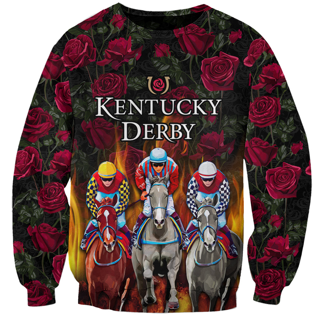 Black unisex sweatshirt with rose pattern and Kentucky Derby jockey-horse graphic