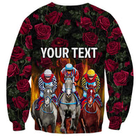 Black unisex sweatshirt with rose pattern and colorful jockey-horse graphic, YOUR TEXT