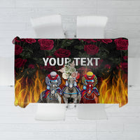 Black tablecloth with horses, flames, and rose pattern; personalized area in center