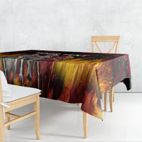 Black tablecloth draped over rectangular table, featuring flame and rose graphic