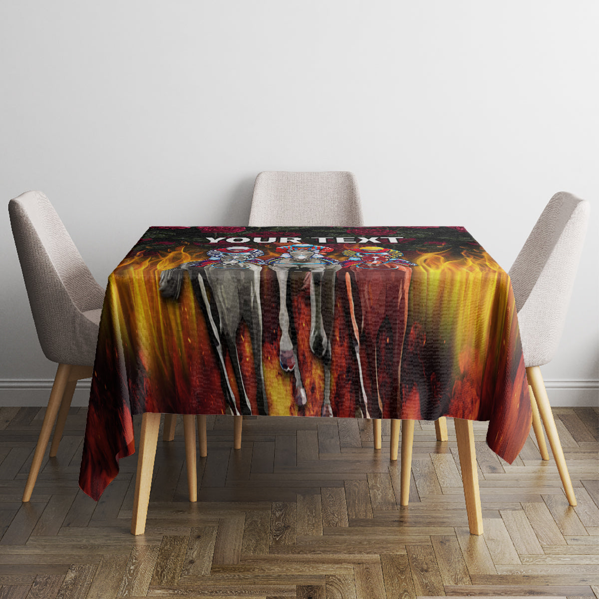 Black tablecloth with dripping flame pattern and dark rose accents across tabletop
