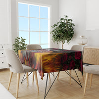 Black tablecloth with colorful flame and rose print on dining table with chairs