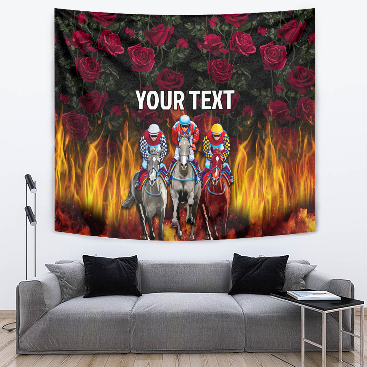 Personalized horses racing tapestry with roses, flames, and 'YOUR TEXT' lettering