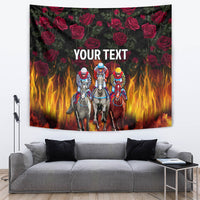 Personalized horses racing tapestry with roses, flames, and 'YOUR TEXT' lettering
