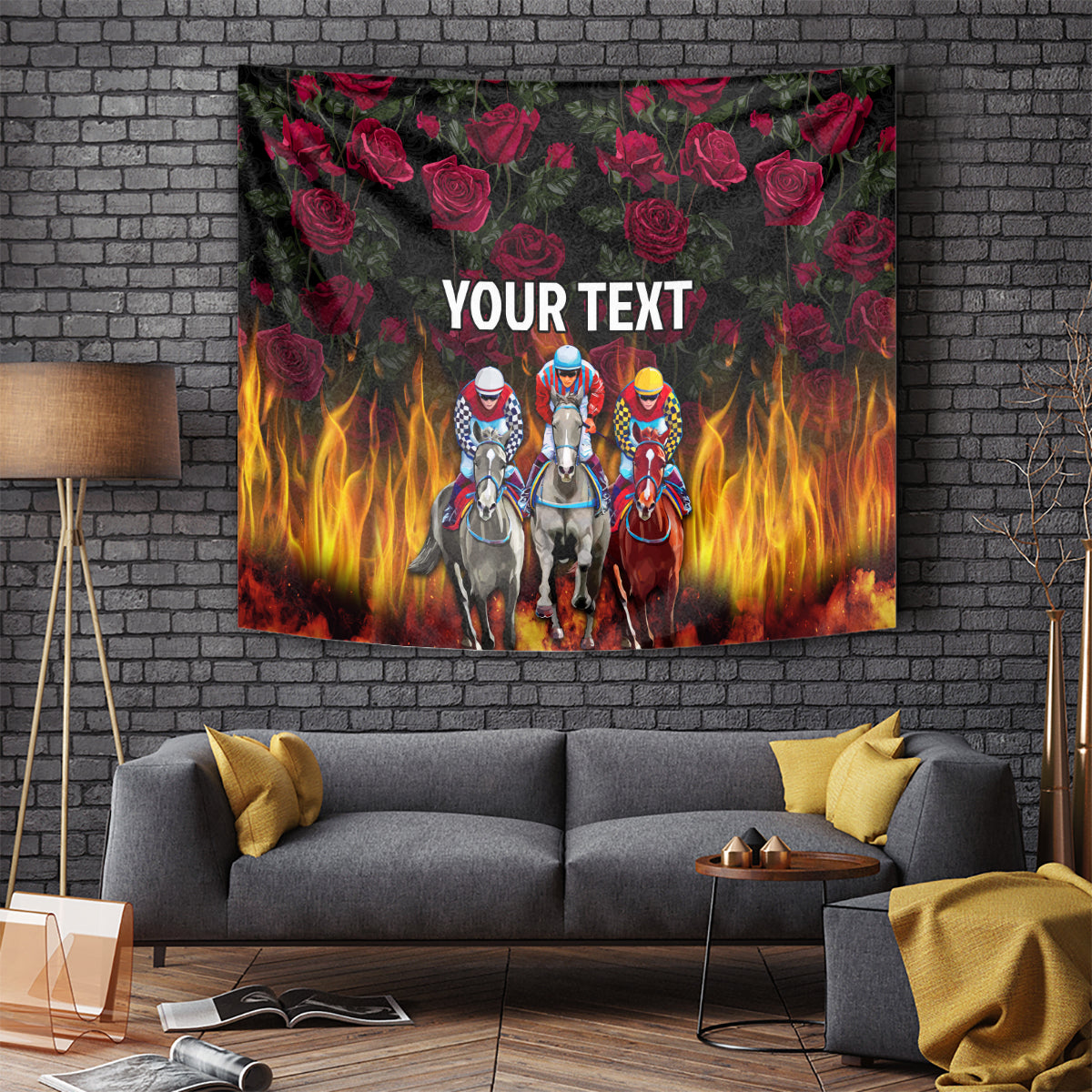 Wall-hanging racing horses tapestry with rose pattern, flames backdrop, and 'YOUR TEXT'