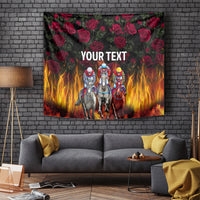 Wall-hanging racing horses tapestry with rose pattern, flames backdrop, and 'YOUR TEXT'