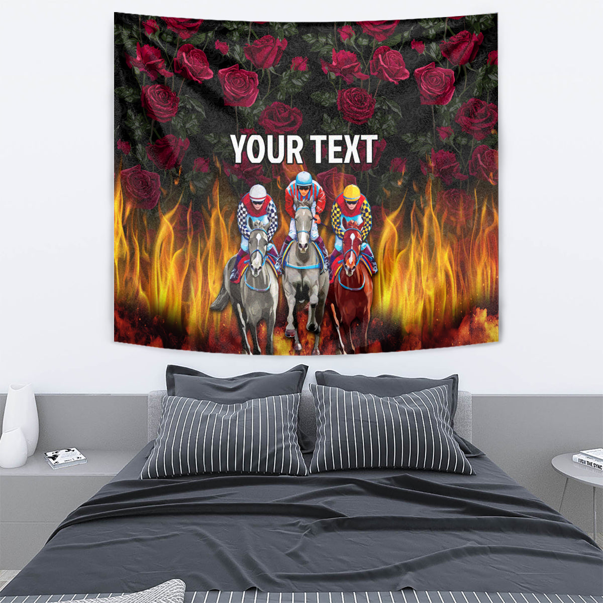 Personalized racing horses tapestry showing three riders, roses, flames, and 'YOUR TEXT'