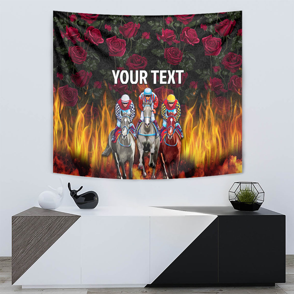 Personalized tapestry with three racing horses, red roses, orange flames, and 'YOUR TEXT'