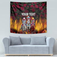 Personalized racing horses tapestry with rose accents, flames, and centered 'YOUR TEXT'