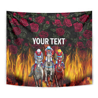 Hanging personalized horses racing tapestry with roses, flames, and 'YOUR TEXT' title