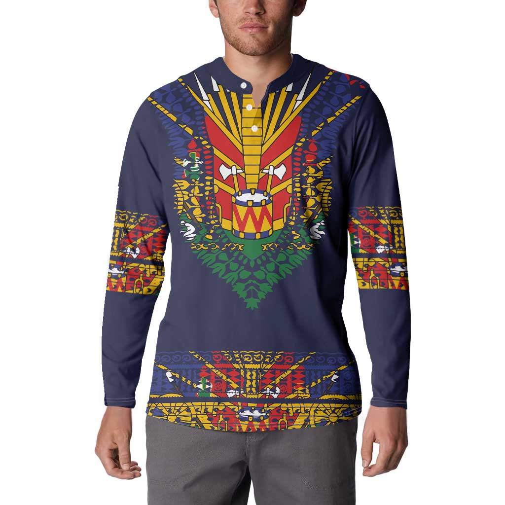 Haiti Flag Traditional Dashiki Button Sweatshirt Black Color