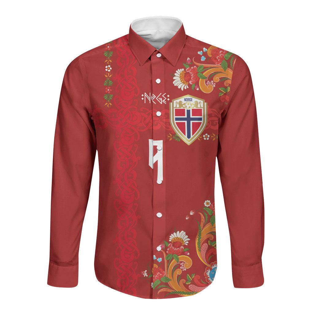 Custom Norway Football Long Sleeve Button Shirt Norge Viking and Rosemaling Ornament