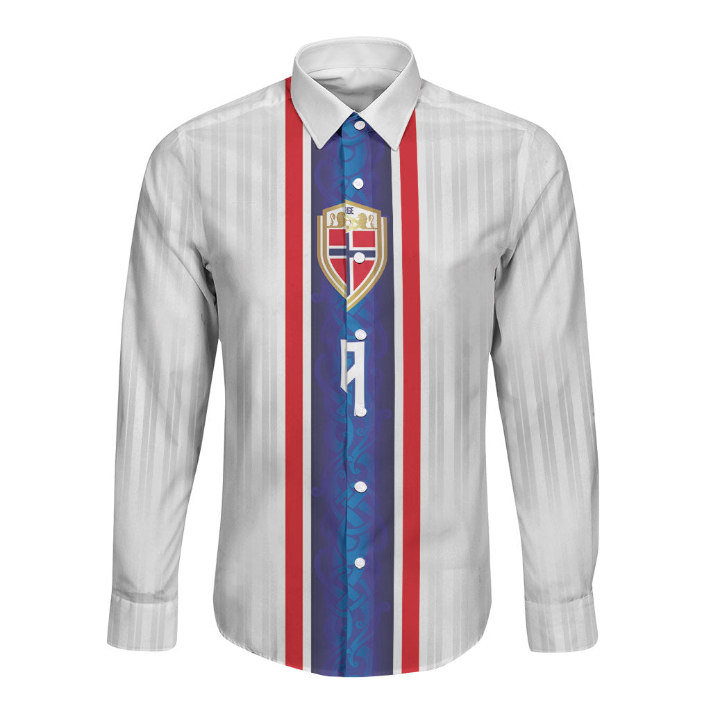 Custom Norway Football Long Sleeve Button Shirt Norge Viking Ornament Vertical Stripe Sporty Style