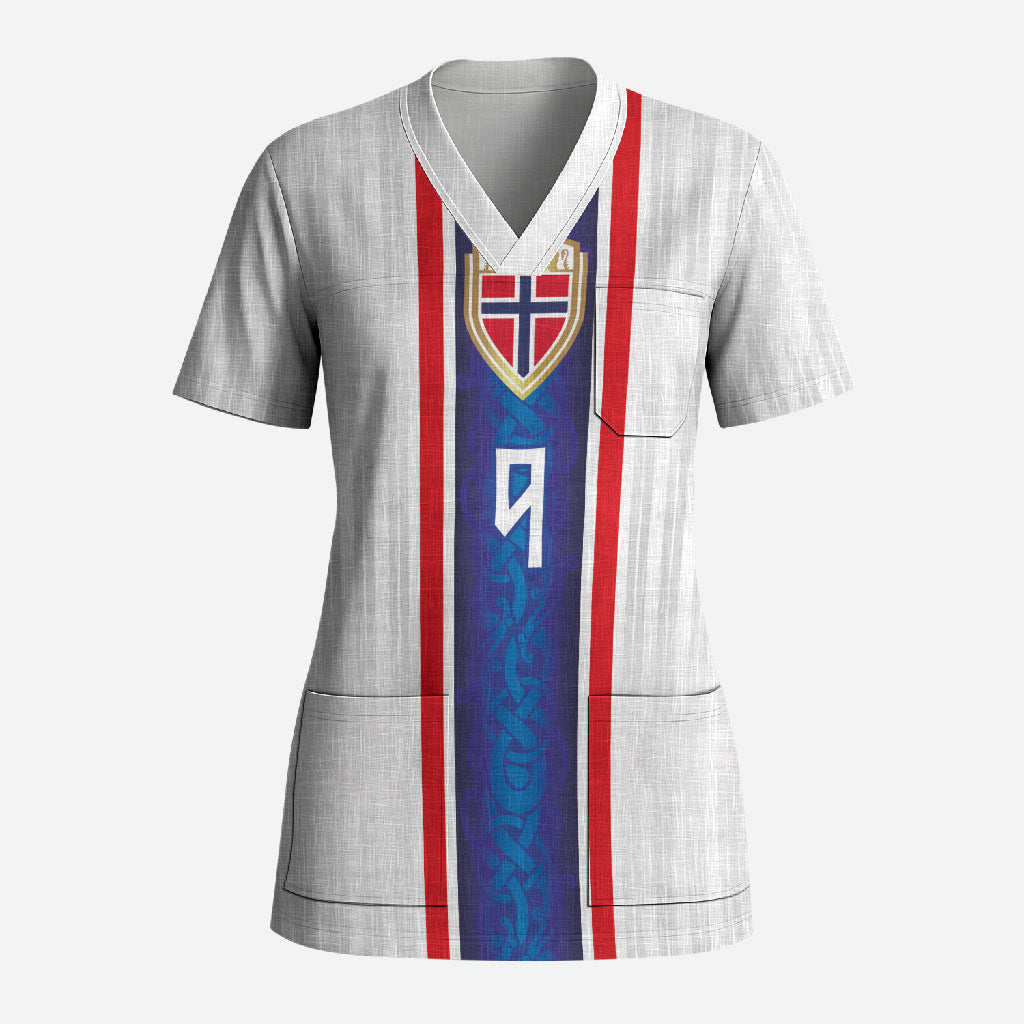 Custom Norway Football Scrub Top Norge Viking Ornament Vertical Stripe Sporty Style