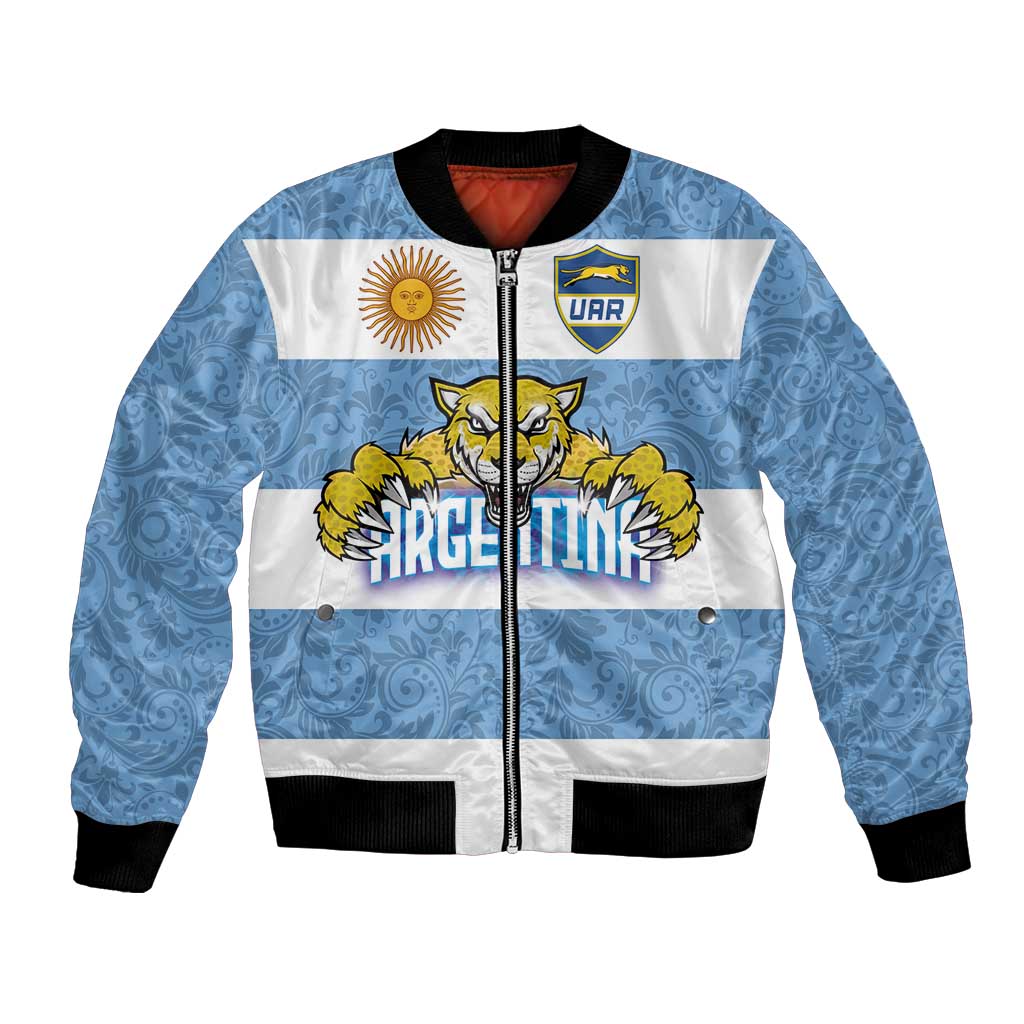 Light blue bomber jacket with white stripes, black rib trim, crest and yellow animal graphic