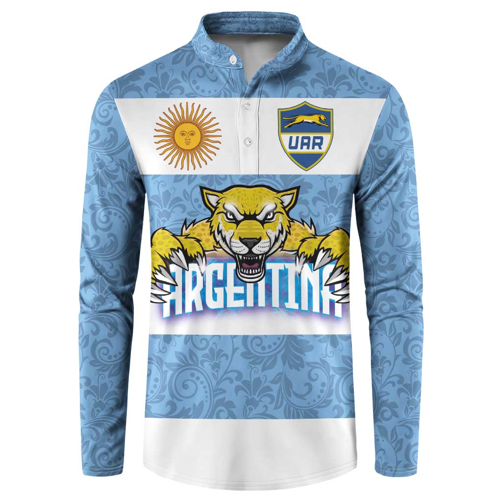 Blue button-sleeve rugby sweatshirt with Argentina flag panel, UAR crest, jaguar graphic