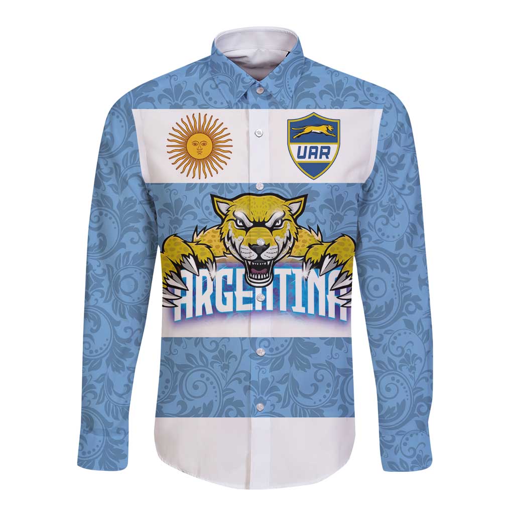 Light blue long sleeve button shirt with floral pattern, front crest and jaguar graphic