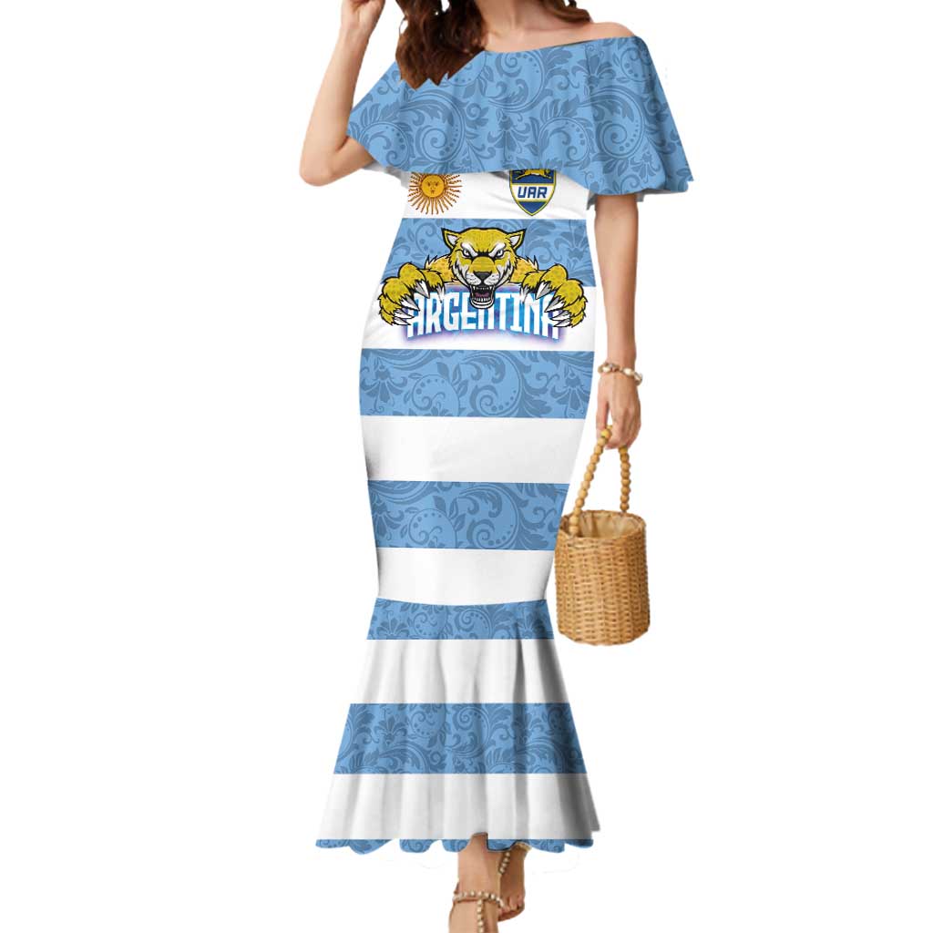 Custom Argentina Rugby 2024 Mermaid Dress Vamos Los Pumas with Jaguar and Floral Pattern - Wonder Print Shop