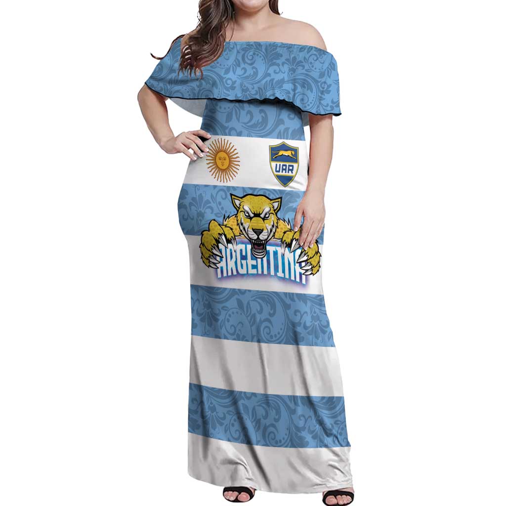 Custom Argentina Rugby 2024 Off Shoulder Maxi Dress Vamos Los Pumas with Jaguar and Floral Pattern - Wonder Print Shop